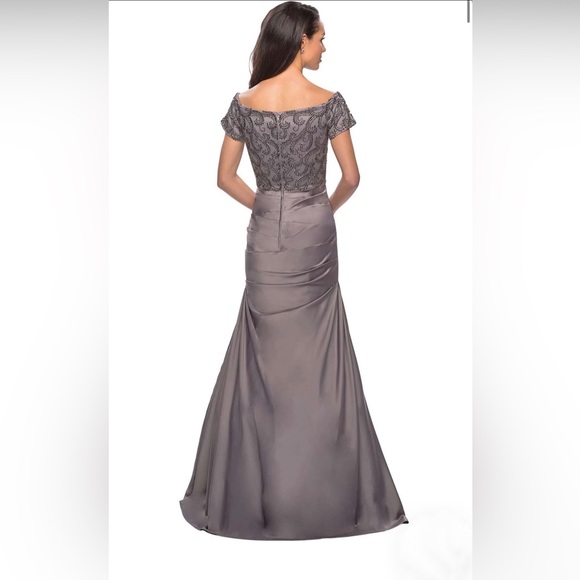 La Femme Off the Shoulder Beaded Satin Trumpet Gown - Picture 2 of 7